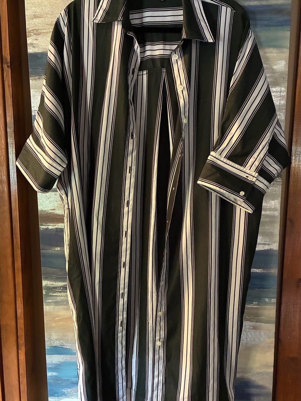 Madewell Dark Green, Black and White Vertical Stripe Button-Down Shirt Dress